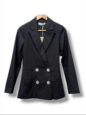 The Fated Linen Blend Blazer Jacket Double Breasted Black Pockets Size 2 NWT